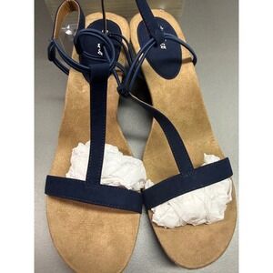 Style & Co Navy Blue Wedge Sandals T-Strap Ankle Strap Womens 12M summer brunch